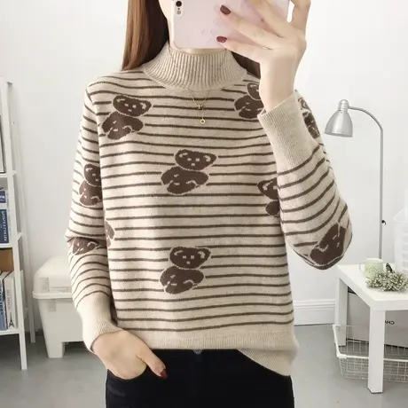 秋冬新款半高领条纹卡通提花小熊针织打底衫宽松简约毛衣女洋气冬商品大图