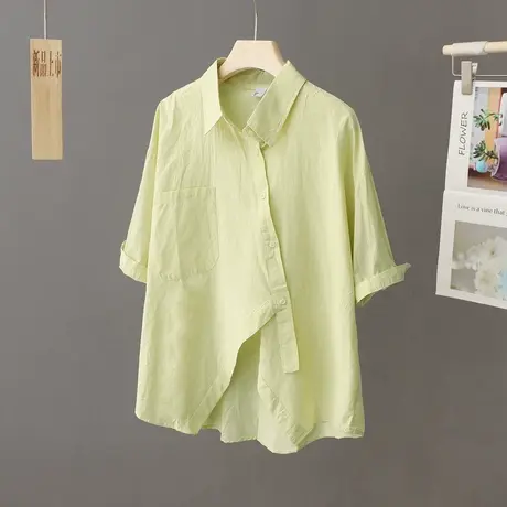 设计感小众不规则下摆纯棉衬衫女短袖宽松夏季薄款衬衣洋气上衣女商品大图