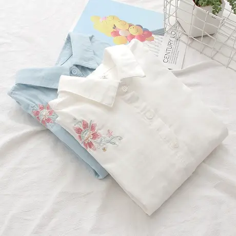 春秋装日系文艺碎花刺绣双层纱纯棉长袖白衬衫女学生宽松打底上衣商品大图