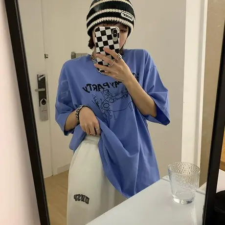 欧美复古短袖t恤女宽松韩版ins潮原宿风半袖设计感小众纯棉上衣服商品大图