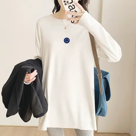 长袖T恤女韩版宽松中长款白色打底衫2022年夏装新款圆领纯棉上衣商品大图