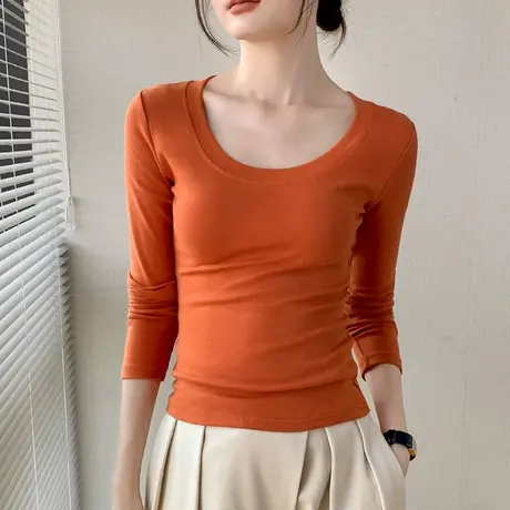 大圆领长袖T恤女2023早秋新品纯色正肩西装内搭上衣修身打底衫商品大图