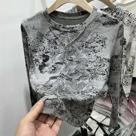 设计感项链短款印花长袖T恤女2023早秋新款洋气体恤小衫上衣ins潮商品大图