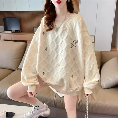 设计感小众小个子卫衣女春秋韩版宽松薄款可爱兔子华夫格上衣外套商品大图