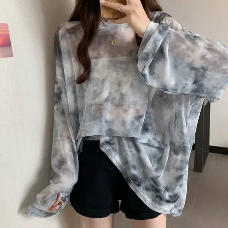 T恤设计感夏季女装2023新款潮网纱防晒衫宽松百搭扎染长袖上衣女商品大图