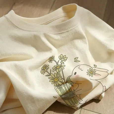 纯棉短袖t恤女夏装圆领宽松减龄洋气小众设计感半袖港味chic上衣商品大图