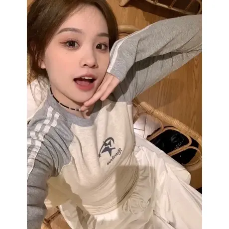 插肩袖撞色长袖t恤女辣妹风美式复古小众设计感紧身内搭短款上衣图片