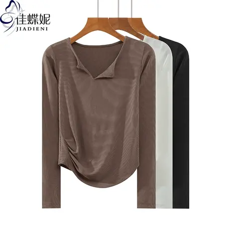 早春新款韩版V领修身褶皱不规则下摆纯长袖T恤上衣内搭女圆弧图片