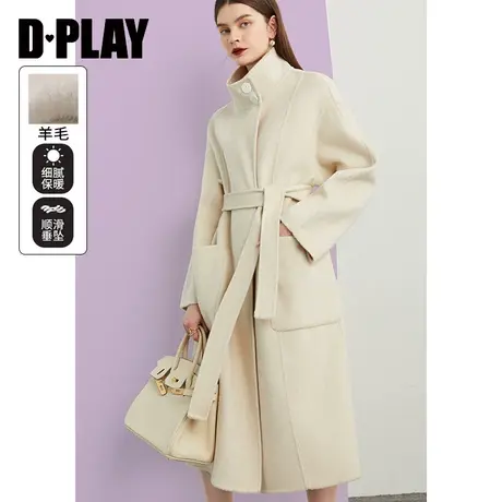 DPLAY【黑标】秋装新飒爽立领燕麦色中长款羊毛双面呢大衣外套图片
