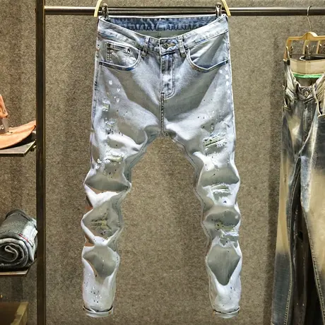 九分乞丐裤子男款牛仔裤夏季浅色破洞刮烂潮牌泼墨修身弹力小脚裤商品大图