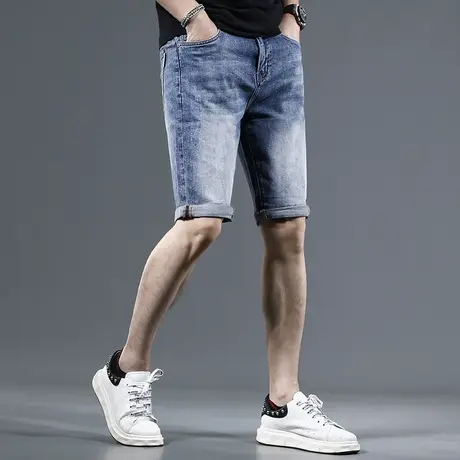 2023夏季新款五分牛仔裤男蓝色修身弹力男士中裤潮牌薄款短裤商品大图