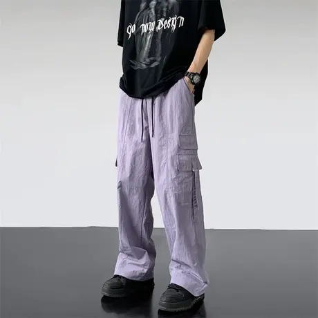 紫色复古垂感直筒工装裤男夏季宽松阔腿裤休闲裤拖地束脚长裤子潮商品大图