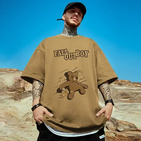 摩严oversize美式潮牌胖子男装大码宽松小熊短袖T恤咖啡色半袖夏商品大图