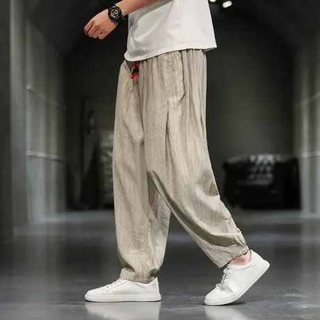 男纯色复古潮流薄款休闲裤大码宽松青年束脚裤中国风冰丝九分裤子图片
