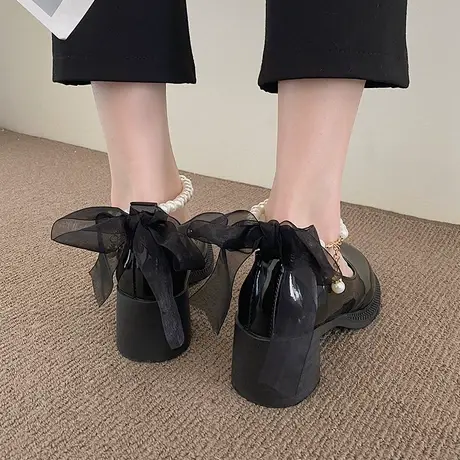 粗跟单鞋女夏2023年新款网红时尚珍珠高跟百搭扣带浅口玛丽珍鞋潮商品大图