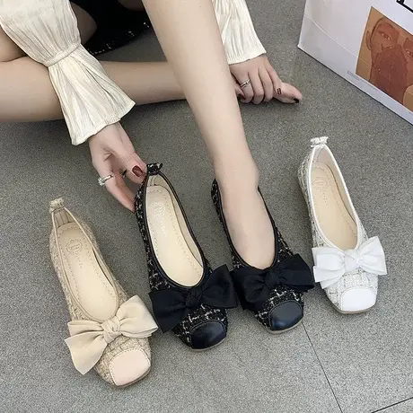 温柔仙女风格子奶奶鞋平底方头单鞋舒适百搭软底豆豆鞋浅口孕妇图片