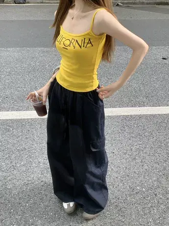 甜辣美式黄色吊带女夏季新款复古辣妹内搭小背心外穿短款小众上衣图片