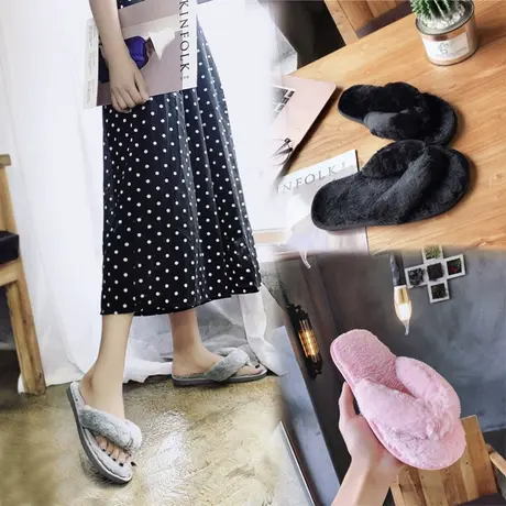 秋冬毛绒韩版夹趾毛毛人字拖女居家室内地板拖防滑月子外穿棉拖鞋商品大图