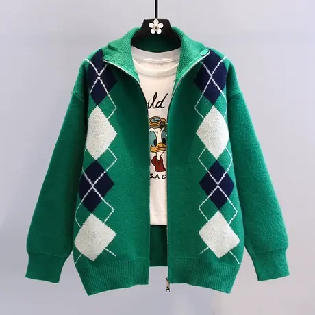 日系复古菱形格毛衣外套女2023年秋冬新款宽松慵懒风拉链针织开衫图片