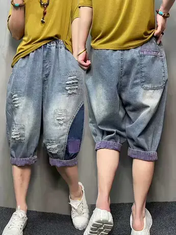 松紧腰破洞牛仔老爹裤女夏季大码胖mm百搭五分裤做旧显瘦哈伦裤子商品大图