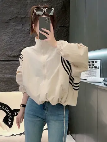 韩国小众设计感撞色拼接条纹立领休闲冲锋衣外套女夏拉链短外套潮商品大图