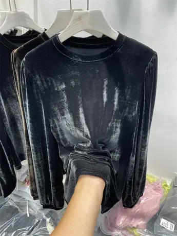 欧货圆领金丝绒长袖T恤女2023秋新款宽松时尚遮肚子打底衫上衣ins商品大图