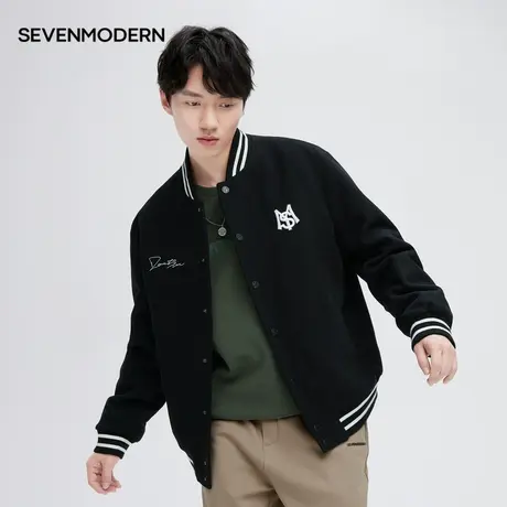 【清仓】柒牌旗下潮牌SVNMDN外套男春秋季时尚潮流黑色棒球领夹克商品大图
