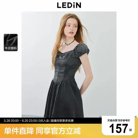 乐町贝壳袖牛仔连衣裙年夏季新款收腰设计水洗深灰色辣妹风短裙商品大图