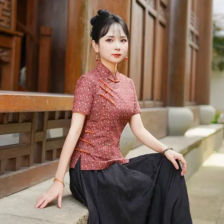 筠雅夏季新款唐装上衣女装新中式国风改良复古女士斜襟短袖25J156商品大图