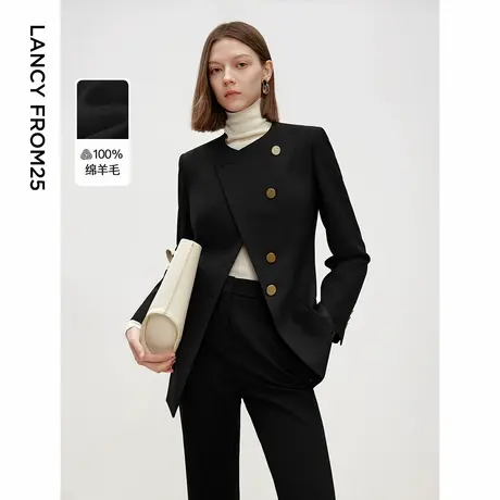 朗姿纯羊毛黑色短外套2025年春季新款高智气质设计感修身上衣女图片
