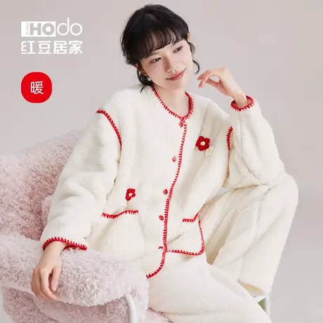 红豆新款睡衣女秋冬款珊瑚绒加绒加厚家居服冬季女士法兰绒套装暖商品大图