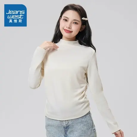 G8真维斯女装2025春季新款半高领长袖打底衫女款设计感收腰衣服女商品大图