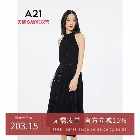 A21女装黑色露肩无袖连衣裙2025夏新款慵懒风系带长裙挂脖领A字裙图片
