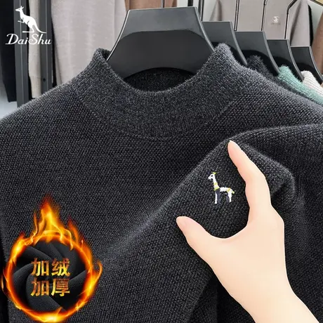 Dai Shu/袋鼠冬季加绒加厚毛衣男士潮流刺绣半高领保暖针织毛线衣图片
