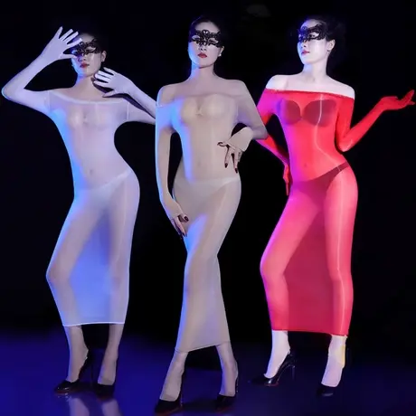 油亮蕾丝一字肩抹胸五指全身连体丝袜长包裙男女紧身丝滑大码情趣商品大图