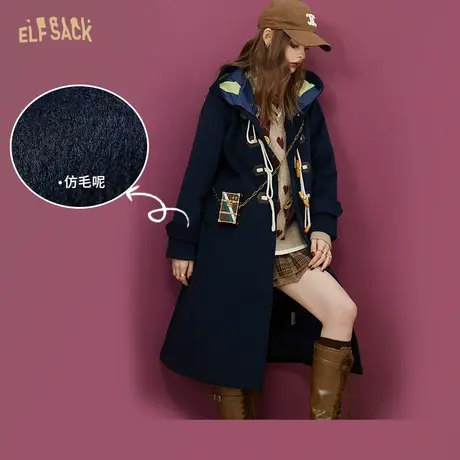 妖精的口袋英伦学院风牛角扣大衣女2022秋冬新款连帽呢子长款外套图片