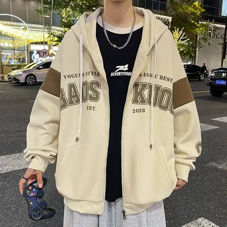 连帽开衫卫衣外套男士春秋季美式宽松潮牌字母上衣服男装运动夹克商品大图