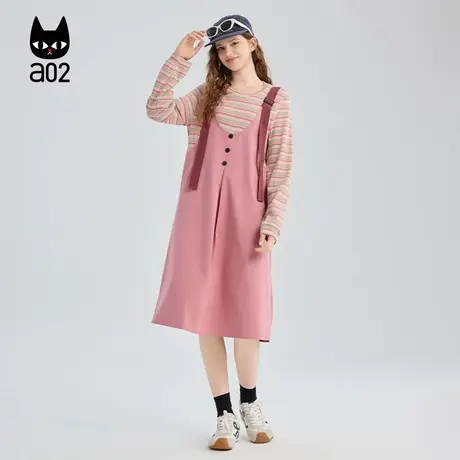 a02宽松假两件粉色背带裙女2025新款秋季设计感条纹裙子通勤穿搭图片