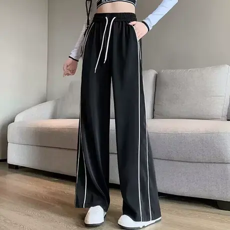 美式复古高腰直筒长裤女秋季宽松百搭韩版侧边条纹阔腿运动休闲裤商品大图