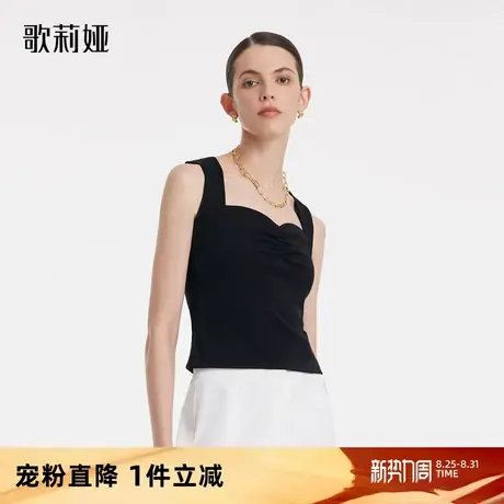 首降5折|歌莉娅黑色吊带背心女带胸垫2024夏季短款外穿修身上衣商品大图