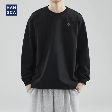 hansca 305g重磅黑色圆领长袖t恤男秋季宽松印花精梳棉内搭打底衫商品大图