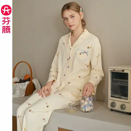 芬腾纯棉睡衣女春秋季长袖套装大码抗静电卡通甜美休闲家居服秋天商品大图