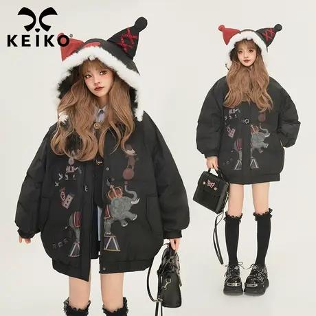 KEIKO 马戏团印花系列小丑帽棉服女2024冬季保暖加厚短款外套棉袄商品大图
