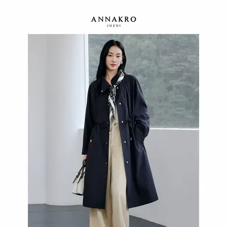 玖姿安娜蔻都市通勤风腰果花丝巾收腰长款风衣女2026春季新款图片