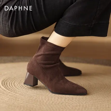 达芙妮尖头短靴女2026新款冬季棕色绒面弹力高跟靴子瘦瘦靴马丁靴图片