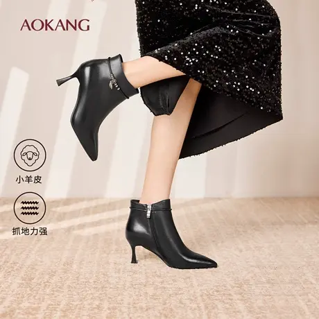 奥康 女鞋2025冬季时装靴气质羊皮及踝靴尖头细跟短靴门店发货图片
