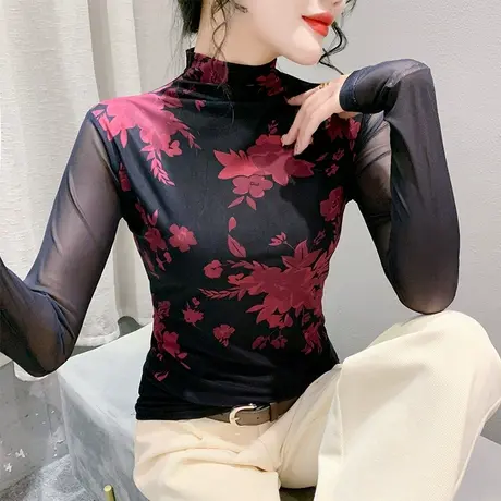 性感半高领秋季上衣网纱透气扎染印花T恤女长袖国风撞色打底衫ins商品大图