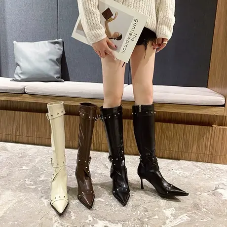 长筒靴女2023春秋季新款小个子气质百搭瘦瘦靴细跟尖头法式骑士靴图片