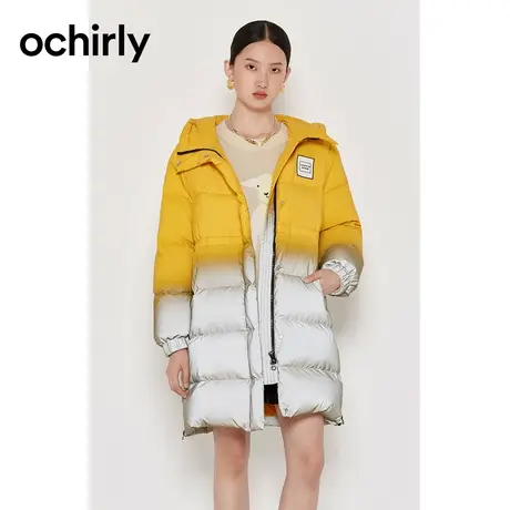 【首降】欧时力新款冬装渐变反光连帽胶章中长羽绒服女1NY433106F商品大图