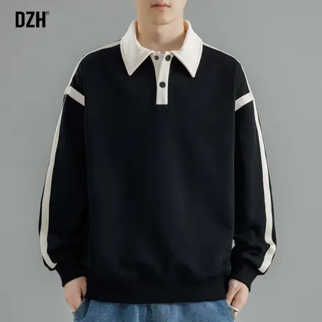男士黑色翻领卫衣男春秋潮牌重磅长袖polo衫2023新款休闲秋装外套商品大图